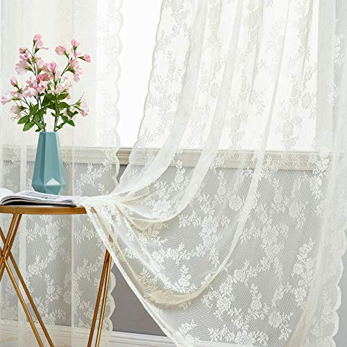 MIULEE Gardinen Spitze-Wunderschöne Beige Blumen Bestickte Spitzengardinen, 2er Set Transparent Vorhang Spitze Vintage, Voile Spitzenvorhänge mit Ösen für Wohnzimmer Schlafzimmer Dekor, 2X H260xB150cm