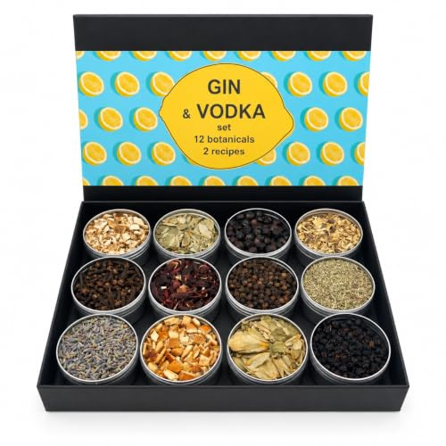 Gin Geschenkset mit 12 Botanicals & 2 Rezepten – Tasting & Cocktail Set für Gin & Wodka, Geschenkset für Männer & Frauen – Box mit Gewürzen
