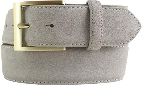 Gürtel aus Veloursleder mit goldener Gürtelschnalle 4 cm | Velour-Ledergürtel 40mm | Wildleder-Gürtel 4cm | Hellgrau 85cm