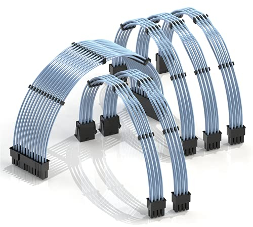 LINKUP - 30cm Netzteilkabelverlängerung 18AWG Sauerstofffreies Kupfer Teflonmantel Custom Mod GPU PC mit Kamm-Kit | 1x 24 P (20+4) | 2X 8 P (4+4) CPU | 3X 8 P (6+2) GPU Set | 300mm - Blau