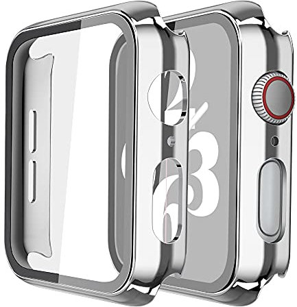 Recata 2 Pièces PC Coque Protection Ecran en Verre Trempé Compatible avec Apple Watch SE3 / SE2 / SE/Serie 6 / Série 5 / Series 4 44mm, Protege Légère Antichoc pour iWatch, 1 Argent + 1 Transparent
