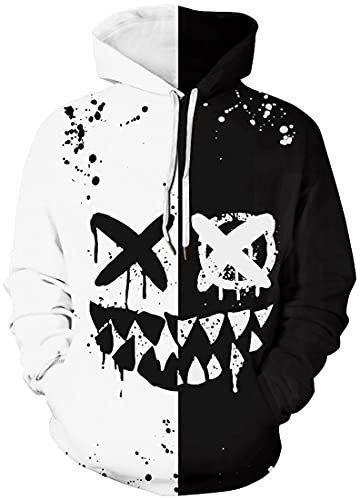 OLIPHEE Mens Hoodies Full 3D Printed Graphic Sweatshirt Athletic Breathable Fashion Pullover with Pockets Black White CB L/XL