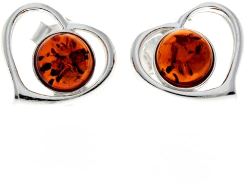SilverAmber Jewellery UK - 925 Sterling Silber mit baltischem Honig Bernstein - Herz Ohrstecker - 5948C