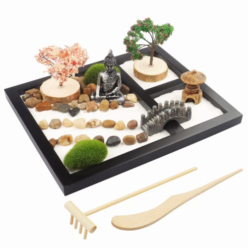 porlik Japanischer Zen-Garten für den Schreibtisch, Mini-Zen-Garten mit Sand, künstliche Bonsai-Baum, Felsen, Rechen und Zubehör (Buddha-Statue)