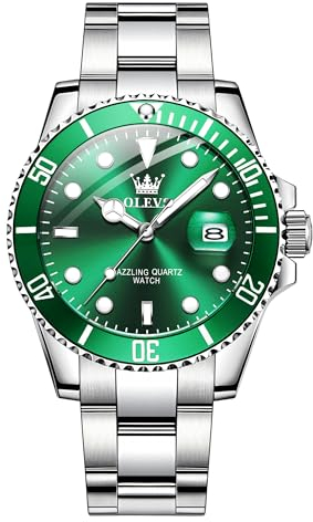 OLEVS Mens Watch Big Face Silver Stainless Steel Analogue Quartz Watches Men Green Dial Rotatable Bezel Calendar Men's Dress Watch Waterproof Luminous with Date Watches for Men Reloj para Hombre