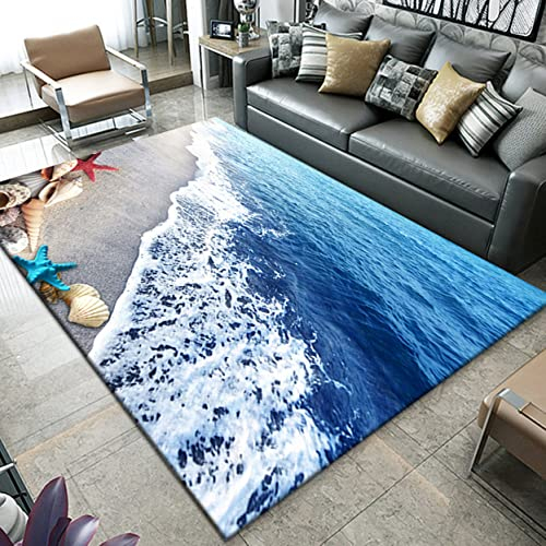 3D Ozean Strand Landschaft Teppich Wohnzimmer Schlafzimmer Dekor Flanell Kinder Spielmatte Küche Korridor Essbereich Teppich Sunset Blue Wave Beach Seestern Shell Conch Muster (Farbe 2,160x200 cm)