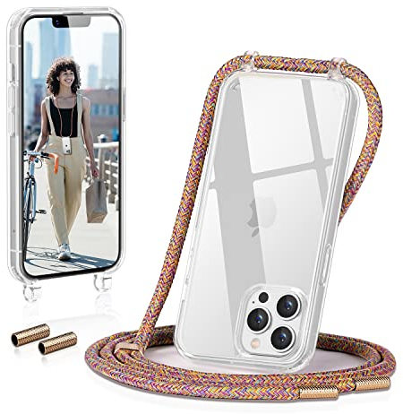 GOODVISH Handykette Kompatibel mit Apple iPhone 13 Pro 6,1 Display, Necklace Hülle mit Band Handyhülle für zum Umhängen, Transparent Case mit Schnur Kameraschutz und Bildschirmschutz, Rainbow