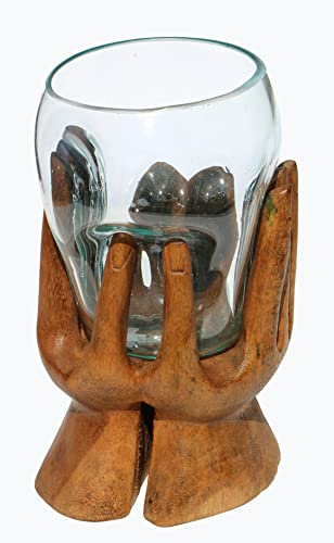 Wogeka - Glas Vase in Hand Gamal Wurzel-Holz - im modernen Style aus Holz als Geschenk-Idee zu Weihnachten Geburtstag Dekoration (Hand04 Ø Glas 15 cm)