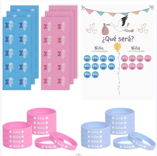 Gender Reveal Poster + 20 Stück Armband aus Silikon und 40 Stück Aufkleber von Gender Reveal Party Jungen (Storch)