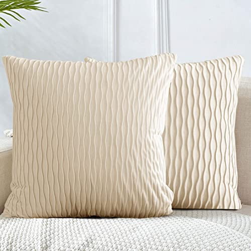 2er Set Samt Kissenbezug 50x50 Beige, Sofakissen Solid Dekorative Quadratische Kissenhülle für Sofa Schlafzimmer Geometrische