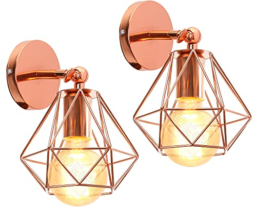iDEGU Lot de 2 Appliques Murales Interieures Industrielle 16cm Luminaire Plafonnier E27 en Métal Design Cage Réglable Lampe Murale Vintage pour Salon Cuisine Chambre (Or rose, 2 Pièces)