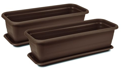 Tymar Fioriera con sottovaso, 2 pezzi, fioriera da balcone, in plastica, rettangolare, per giardino, balcone, terrazza (marrone, 100 x 18,7 x 14,7 cm)