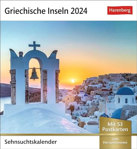 Sehnsuchtskalender Griechische Inseln - Kalender 2024 - Harenberg-Verlag - Postkartenkalender mit 53 heraustrennbaren Postkarten - 16 cm x 17,5 cm