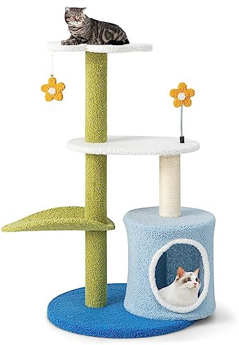 GYMAX Arbre à Chat en Forme de Fleur avec Boule et Poteau, Perchoir en Peluche, Hauteur 87cm, Arbre à Chat Multicouche avec Grattoir en Sisal, Centre d'Activités pour Chats,Charge 15kg(Vert+Bleu)