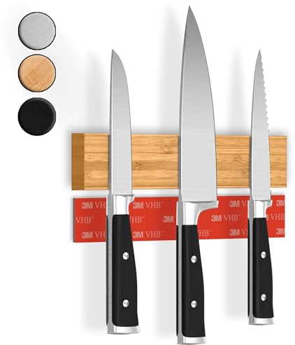 CUCINO Messer Magnetleiste selbstklebend - Vergleichssieger mit extra starkem Magnet - Einfache Montage mit 3M Klebeband ohne Bohren, aus Bambus - 25cm