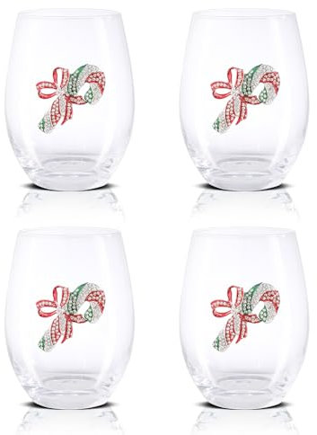 Vipush Christmas Wine Glasses Set of 4 - Drinking Cups with Candy Cane Crystal Xmas Stemless Holiday Wineglass Gift Winter Glassware Diamond-encrusted Cups 18 Oz Jeweled Glassware