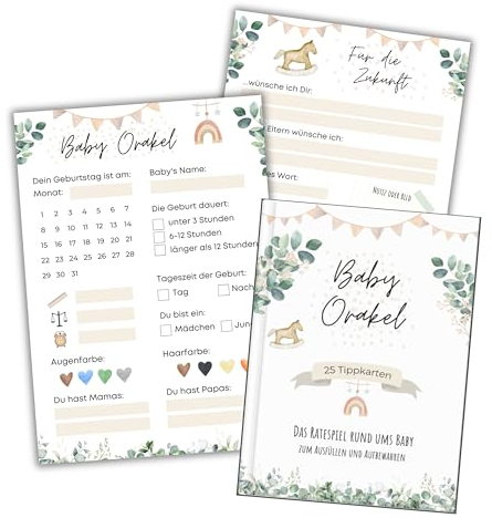 Baby Orakel, Babyparty Spiel 25 Karten mit Aufbewahrungsmappe in Postkartengröße, Babyshower Geschenk