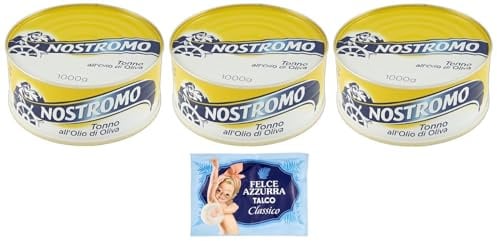 3er-Pack Nostromo Thunfisch Tonno all'Olio di Oliva,Thunfisch in Olivenöl,1Kg Dose + 1er-Pack Kostenlos Felce Azzurra Talkumpuder, 100g-Beutel