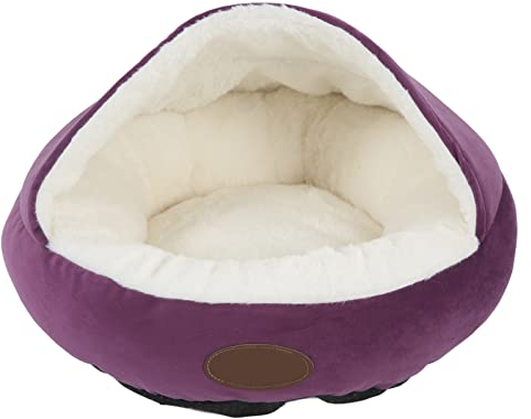 AONYAYBM Bequemes Katzenhöhlenbett aus Plüsch, Katzenbetthöhle in Muschelform, Gewölbtes Katzenbett, Halbgeschlossene Katzenkuppel, Winterwärme-Katzenhöhlen für Hauskatzen,(lila Hardtop)