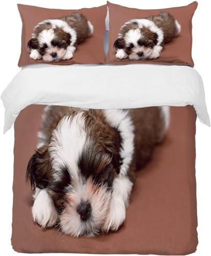 Pechiwuo Shih Tzu Bettwäsche 135x200 Weich Kuschelige Mikrofaser 3D Druck Hundetier Bettwäsche-Sets Bettbezug und 2 Kissenbezug 80x80 cm mit Reißverschluss A-2556