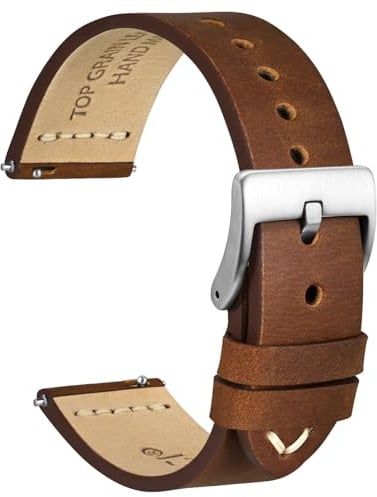 WOCCI 20mm Antikes Uhrenarmband für Herren, Sattelleder, Silberne Schnalle (Karamellbraun)