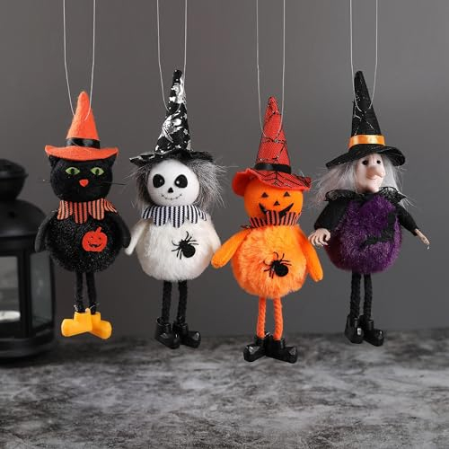 YUEMING 4PCS Halloween Decoration Pendant, Witches Hanging Plushie Doll Ornaments Pumpkin Ghost Black Cat Pendant for Weird Halloween Theme Holiday Tree Home Party Tree Decorations Supplies