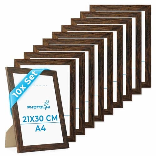 PHOTOLINI Bilderrahmen A4 Set Eiche Dunkel Holz MDF, 10er Set breite DIN A4 Bilderrahmen 21x30, bruchsicheres Acrylglas, picture frame zum Aufhängen & Aufstellen, Bilder Rahmen 30x21 mit Zubehör