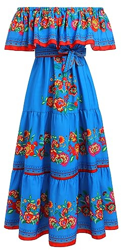 EFOGEP Abito messicano da donna estivo boho floreale drappeggiato abito senza spalle scoperte tradizionali abiti da fiesta bohemian lunghi maxi abito casual matrimonio spiaggia abito da festa con