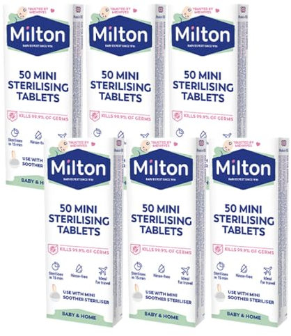 MiltonBaby Mini Sterilising Tablet 50 Pack of 6 Fast Acting Soother Dummy Pacifier Teether Hygiene Antiseptic Cleaner Travel Solution with Welari Thank You Card | (6pack) (300tabs)