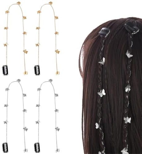 Schmetterling Haarkette, Lange Quasten Haarketten für Mädchen，Schmetterlings Haarspangen，Butterfly Haarschmuck für Kinder Braut Hochzeit Accessoire，4 Stück