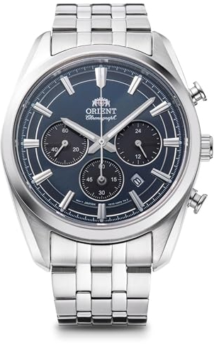 Orient Stretto Solar-Chronograph, 43 mm, marineblaues Zifferblatt, Stahlband, Herrenuhr RA-TX0303L10B sollte sagen: Orient Stretto Solar Chronograph 40 mm marineblaues Zifferblatt Stahlband Herrenuhr