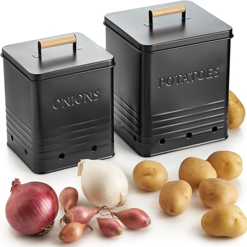 Beautiful Potato and Onion Storage Container Set - Food Safe Metal Bins | Spacious 10.1 and 8.9 Canisters for Your Kitchen Counter or Pantry - Keeps Produce Fresh Longer