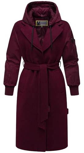 MARIKOO Damen warmer langer Übergangsmantel in angesagtem Materialmix mit abnehmbarer Kapuze und Binde-Gürtel Tjadee 16 Wine Gr. XS