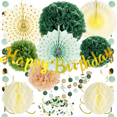 Geburtstagsdeko Party Deko mit Happy Birthday konfetti, Salbeigrün | Wiederverwendbare Dekoration Geburtstag Tortendeko, Seidenpapier Pompons Deko,Banner,Girlande,Wabenbälle,Geburtstagsdeko
