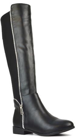 ESSEX GLAM Women's Knee High Boots Ladies Black Synthetic Leather Stretch Calf Leg Deco Zip Flat Low Heel Biker Riding Long Shoes Size 7