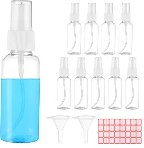 Qianyu Botellas pulverizadoras de 50 ml, de plástico transparente de niebla fina, juego de mini botellas de viaje pequeñas y recargables, paquete de 10 unidades con 2 embudos, 1 etiqueta para aceites