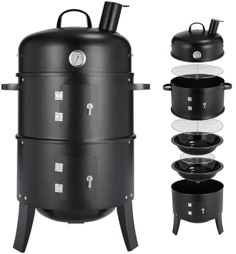 Horno Ahumador, Ahumador 3 en 1, Ahumador con Chimenea, Barbacoa de Carbón, con Termómetro, 2 Rejillas de Acero Inoxidable (φ 37,5 cm), Barbacoa Ahumadora para Ahumar, Asar y Cocinar