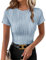 Gemulate Ladies Striped tee Shirt Summer Dressy Clothes Cap Sleeve Cruise Clothes for Women 2025 Casual Crewneck Shirts Office Tops Light Blue S