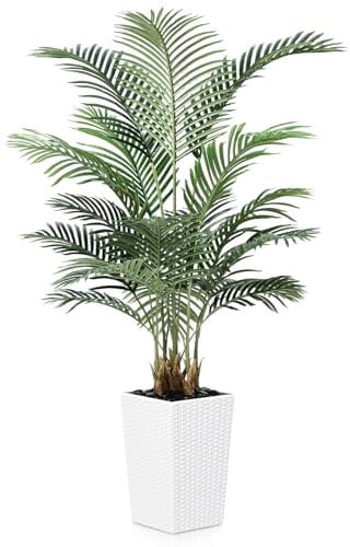 VeriNatural Kunstpalme 150cm Künstliche Pflanze mit Weißer Netztopf – Deko Kunstpflanzen wie echt, Kunstbaum Groß UV-beständig&Flussgestein – für Wohnzimmer, Balkon, Büro, Badezimmer & Garten,VN130