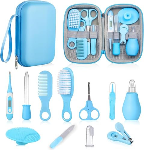 Trousse de Soin Bébé - Bébé naissance - Set de Soins Complet bleu - Brosse - Peigne - Brosse à Gencives - Ciseaux - Coupe Ongles - Lime à Ongles - Aspirateur Nasal - Distributeur de médicaments.