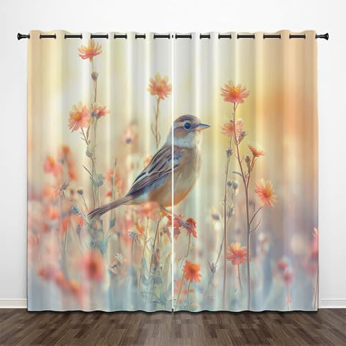 CEDNXOER Thermovorhang Spatz Tier Verdunklungsvorhänge Ösen 2er Set H 245 x B 140 cm Wildblumen Pflanzen Schlafzimmer Gardinen und Vorhänge, Orange Blickdicht Wärmevorhang Kälteschutz Tür Gardine