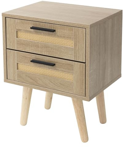 ML-Design Nachttisch mit 2 Schubladen, 40x50,5x30 cm, Eiche Optik, Nachtschrank mit Rattanfront & Massivholzfüßen, Nachtkommode für Boxspringbett Schlafzimmer, Beistelltisch Couchtisch für Wohnzimmer