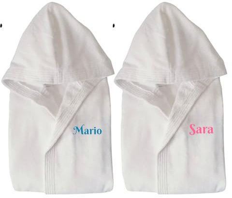 AmiAmarena Coppia Accappatoi personalizzati con nome ricamato. Accappatoi in spugna 100% cotone, morbidi, super assorbenti (Bianco Ghiaccio)