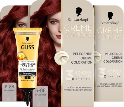 Schwarzkopf Creme Supreme Coloration 6-88 Intensivrot (3x 182 ml), dauerhafte Haarfarbe mit Serum und Haar-Maske & SOS-Intensiv-Kur Oil Nutritive (15 ml) Haarkur für intensive Reparatur