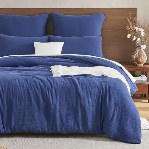 EMME Musselin Bettwäsche 100% Baumwolle, 135x200 Doppelte Sommer Bedding Bettwäsche-Sets mit Reißverschluss, 1er Set Bettbezug mit 1 Kissenbezüge 80x80 cm, Musselin Tagesdecke, ÖKO-TEX, Dunkelblau