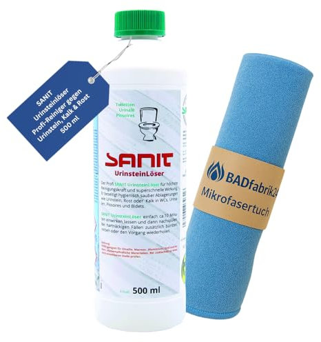 BADfabrik24 SANIT Urinsteinlöser 500 ml Flasche + Mikrofasertuch – entfernt Urinstein, Kalk & Rost – für WC, Urinal, Bidet & Waschbecken – hygienisch sauber & kraftvoll,Urinstein lösen