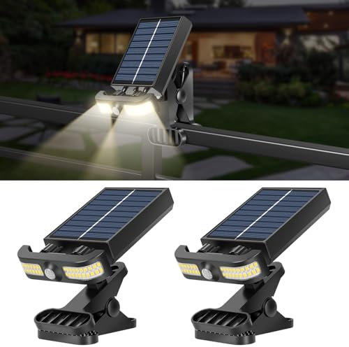 LEKIA Solarlampen für Außen, 2 Stück Clip On Zaunbeleuchtung mit Bewegungsmelder, 3 Modi Wandleuchte Solarbetriebenes Solarleuchten Wasserdicht für Garage Zaun Deck Dachrinnen Garten Deko(3500K Wärme)