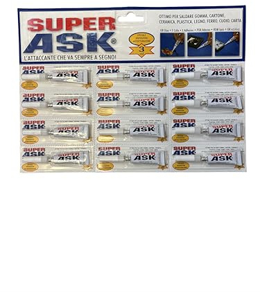 Super ASK Colla Multiuso, Set di 12 Tubi, Per Gomma, Cartone, Ceramica, Plastica, Legno, Ferro, Cuoio e Carta