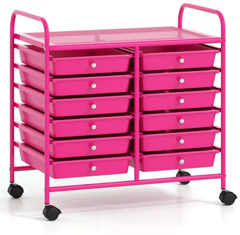 COSTWAY Rollwagen mit 12 stapelbaren Schubladen, Schubladenwagen Rollcontainer mit Metallgestell & Ablagefläche, Badrollwagen Aufbewahrungswagen für Büro, Wohnzimmer, 64 x 38 x 62 cm (Hot Pink)