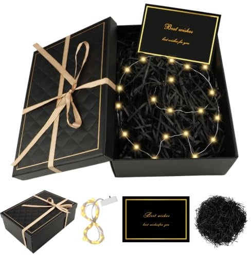 Geschenkbox mit Deckel, 25x18x8,5cm Geschenk Box mit Grußkarten Raffia | Dauerhaft Geschenkbox Geburtstag, Faltbare Geschenkkarton für Hochzeiten Weihnachten Jahrestag